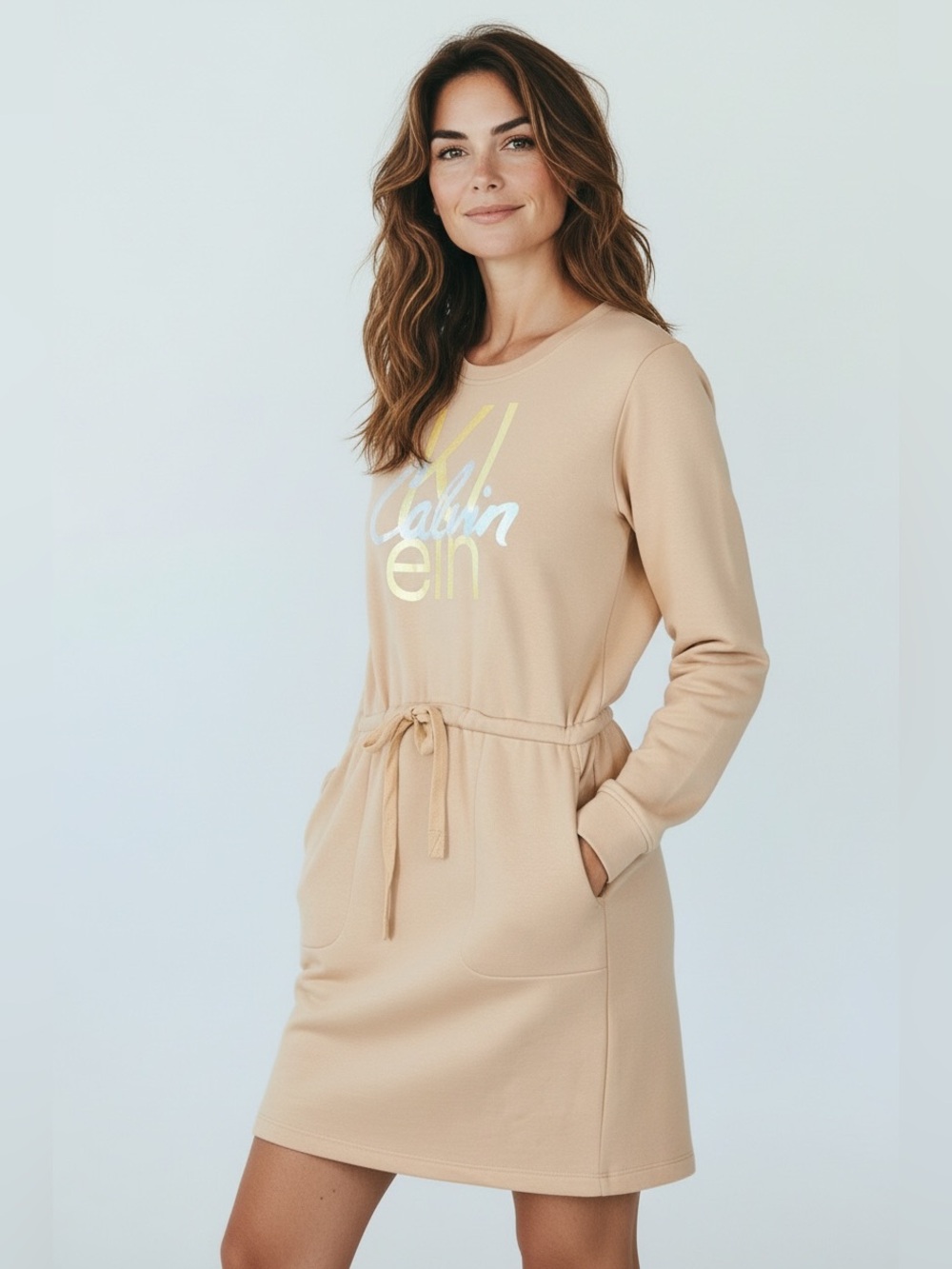 Calvin Klein French Terry Logo Beige Sweatshirt Dress Size Large NWT